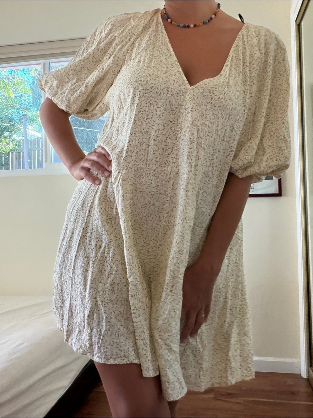 H&M Cream & Green Floral Puff Sleeve  Lightweight Summer Mini Dress Tunic Top